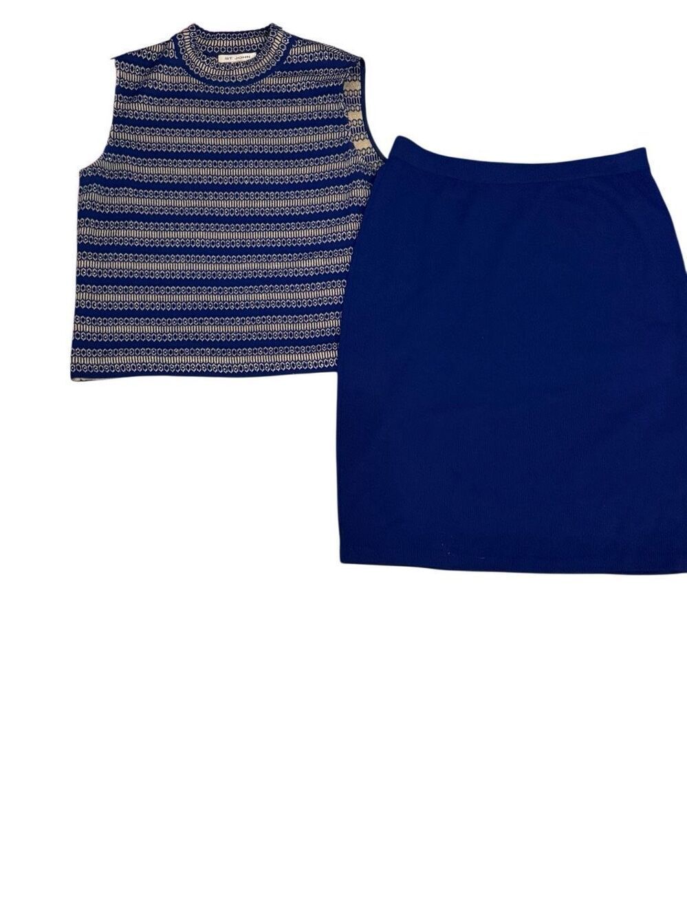 St. John Women's Sleeveless Striped Knit Sweater Skirt Set Blue M Top 12 Skirt